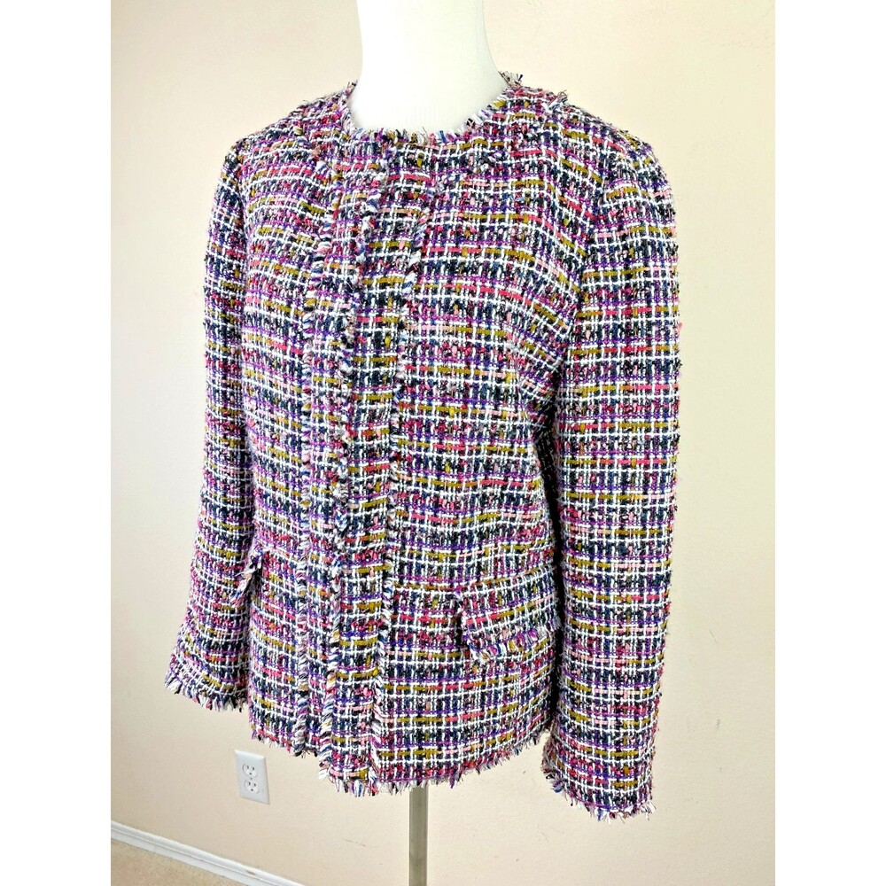 Ann Taylor Pink Confetti Tweed Fringe Jacket Blazer 10 French Girl Chic
